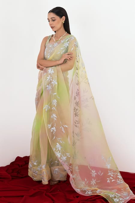 Fallon.Studio By Shruti Kaushik_Green Imported Pure Silk Organza Hand Painted The Pakhi Saree  _Online_at_Aza_Fashions