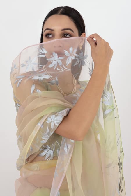 Buy_Fallon.Studio By Shruti Kaushik_Green Imported Pure Silk Organza Hand Painted The Pakhi Saree  _Online_at_Aza_Fashions