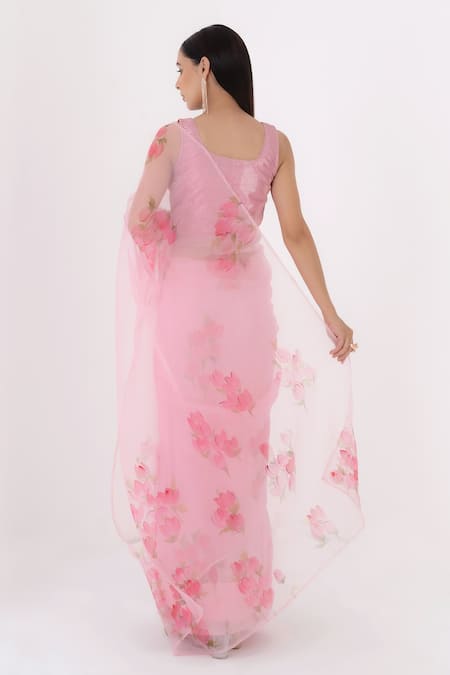 Shop_Fallon.Studio By Shruti Kaushik_Pink Imported Pure Silk Organza Hand Painted Tulip The Bodhi Saree  _at_Aza_Fashions