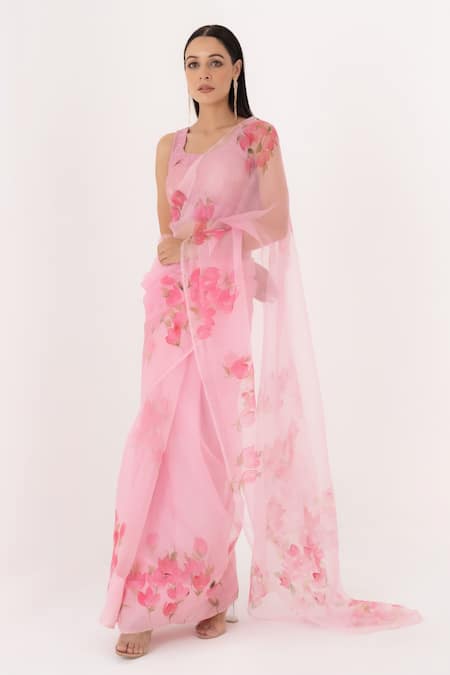 Fallon.Studio By Shruti Kaushik_Pink Imported Pure Silk Organza Hand Painted Tulip The Bodhi Saree  _Online_at_Aza_Fashions