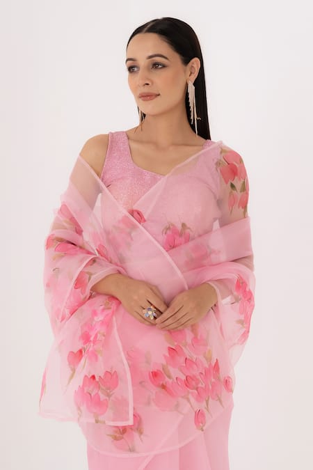 Buy_Fallon.Studio By Shruti Kaushik_Pink Imported Pure Silk Organza Hand Painted Tulip The Bodhi Saree  _Online_at_Aza_Fashions