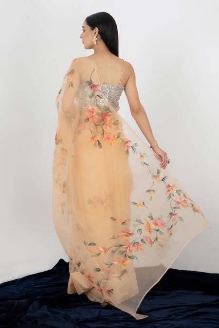 Shop_Fallon.Studio By Shruti Kaushik_Orange Imported Pure Silk Organza Hand Painted The Kantha Saree  _at_Aza_Fashions