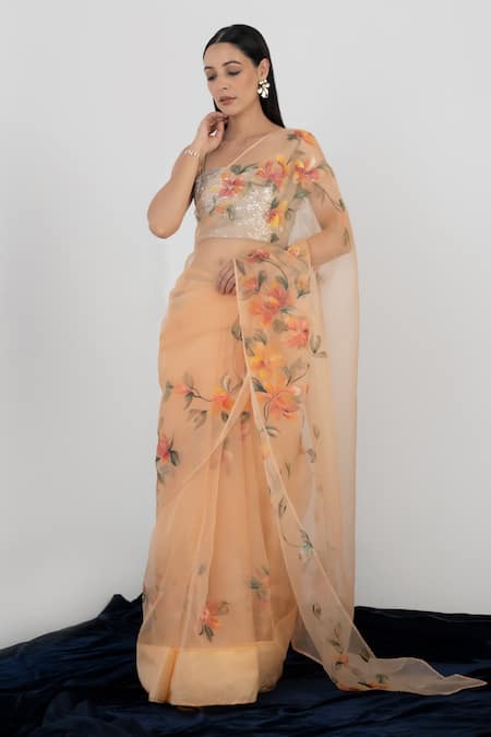 Fallon.Studio By Shruti Kaushik_Orange Imported Pure Silk Organza Hand Painted The Kantha Saree  _Online_at_Aza_Fashions