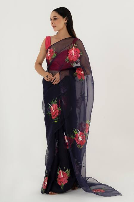 Fallon.Studio By Shruti Kaushik_Blue Imported Pure Silk Organza Hibiscus Flowers The Dhuni Hand Painted Saree_Online_at_Aza_Fashions