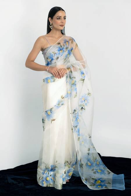 Fallon.Studio By Shruti Kaushik_Off White Imported Pure Silk Organza Hand Painted The Abhitha Saree  _Online_at_Aza_Fashions
