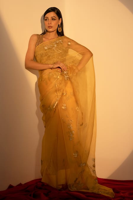 Shop_Fallon.Studio By Shruti Kaushik_Yellow Imported Pure Silk Organza Hand Painted The Athulaya Saree  _at_Aza_Fashions