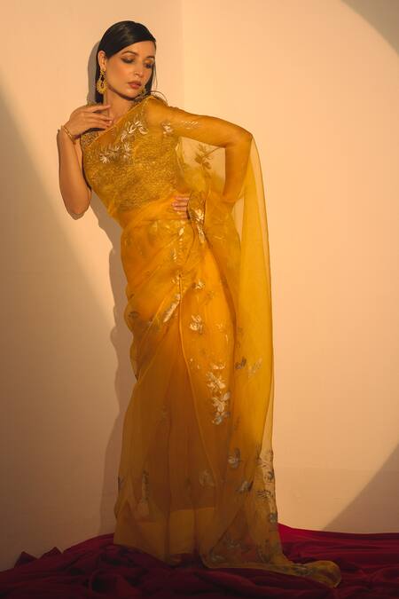 Fallon.Studio By Shruti Kaushik_Yellow Imported Pure Silk Organza Hand Painted The Athulaya Saree  _Online_at_Aza_Fashions