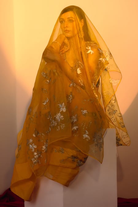 Shop_Fallon.Studio By Shruti Kaushik_Yellow Imported Pure Silk Organza Hand Painted The Athulaya Saree  _Online_at_Aza_Fashions