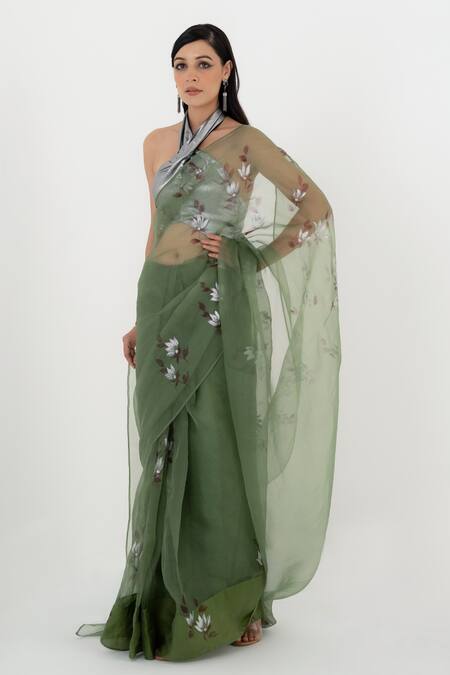 Fallon.Studio By Shruti Kaushik_Green Imported Pure Silk Organza Hand Painted The Madhuri Saree  _Online_at_Aza_Fashions