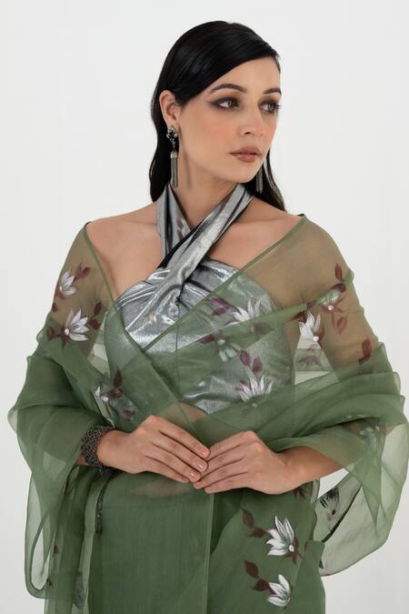 Buy_Fallon.Studio By Shruti Kaushik_Green Imported Pure Silk Organza Hand Painted The Madhuri Saree  _Online_at_Aza_Fashions