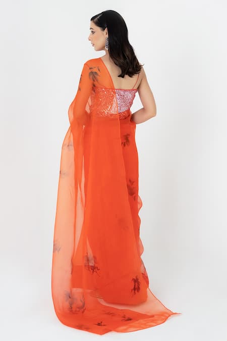 Shop_Fallon.Studio By Shruti Kaushik_Red Imported Pure Silk Organza Hand Painted Iris The Lavanya Saree  _at_Aza_Fashions