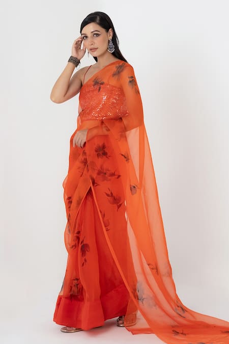 Fallon.Studio By Shruti Kaushik_Red Imported Pure Silk Organza Hand Painted Iris The Lavanya Saree  _Online_at_Aza_Fashions