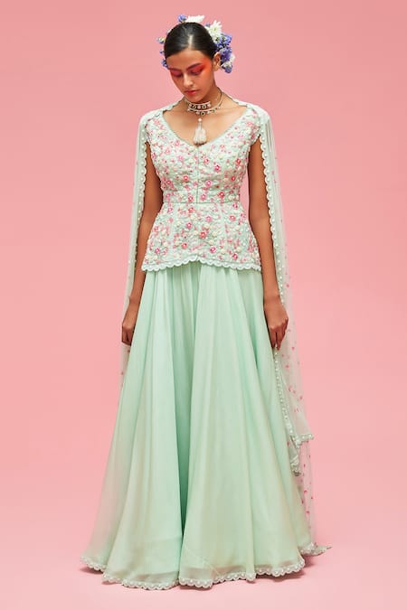 Nachiket Barve_Blue Lehenga Chiffon, Lining Shantoon, Top Organza V Neck Embroidered And Set _Online_at_Aza_Fashions