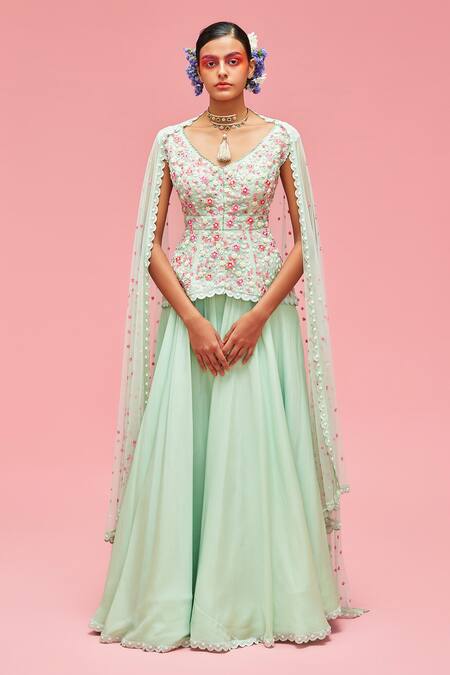 Buy_Nachiket Barve_Blue Lehenga Chiffon, Lining Shantoon, Top Organza V Neck Embroidered And Set _Online_at_Aza_Fashions
