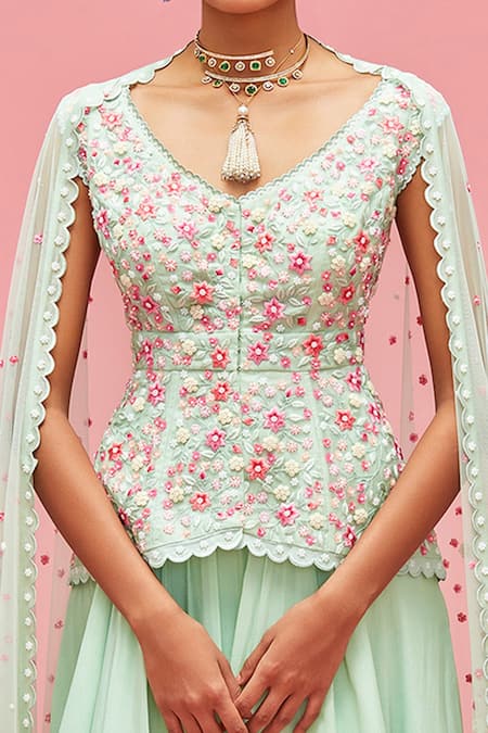 Shop_Nachiket Barve_Blue Lehenga Chiffon, Lining Shantoon, Top Organza V Neck Embroidered And Set _Online_at_Aza_Fashions