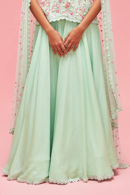 Nachiket Barve_Blue Lehenga Chiffon, Lining Shantoon, Top Organza V Neck Embroidered And Set _at_Aza_Fashions