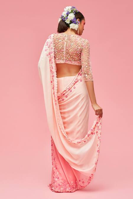 Shop_Nachiket Barve_Peach Saree Chiffon Round Ombre Embroidered With Blouse  _at_Aza_Fashions