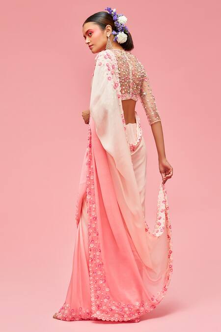 Buy_Nachiket Barve_Peach Saree Chiffon Round Ombre Embroidered With Blouse  _Online_at_Aza_Fashions