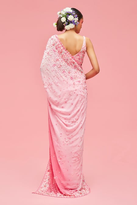 Shop_Nachiket Barve_Pink Saree Georgette V Neck Ombre Embroidered With Blouse  _at_Aza_Fashions