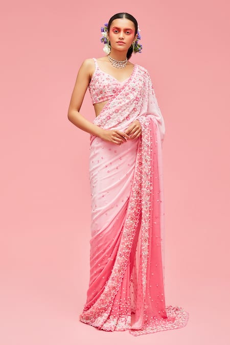 Nachiket Barve_Pink Saree Georgette V Neck Ombre Embroidered With Blouse  _Online_at_Aza_Fashions
