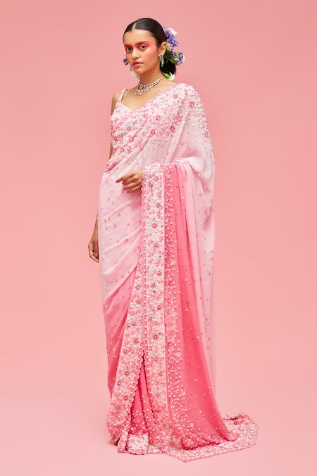 Buy_Nachiket Barve_Pink Saree Georgette V Neck Ombre Embroidered With Blouse  _Online_at_Aza_Fashions