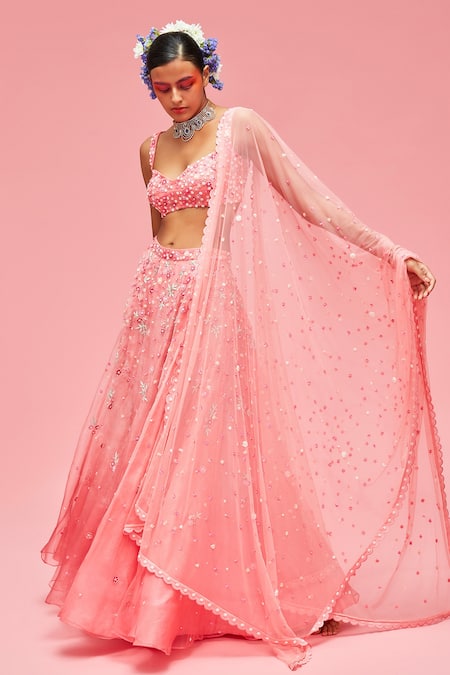 Nachiket Barve_Peach Tussar Silk, Dupatta Tulle, Lehenga And Blouse Organza, Embroidered Set _Online_at_Aza_Fashions