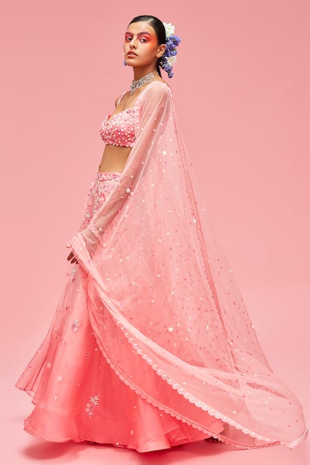 Buy_Nachiket Barve_Peach Tussar Silk, Dupatta Tulle, Lehenga And Blouse Organza, Embroidered Set _Online_at_Aza_Fashions