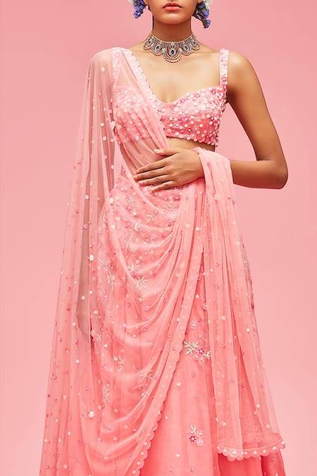 Shop_Nachiket Barve_Peach Tussar Silk, Dupatta Tulle, Lehenga And Blouse Organza, Embroidered Set _Online_at_Aza_Fashions