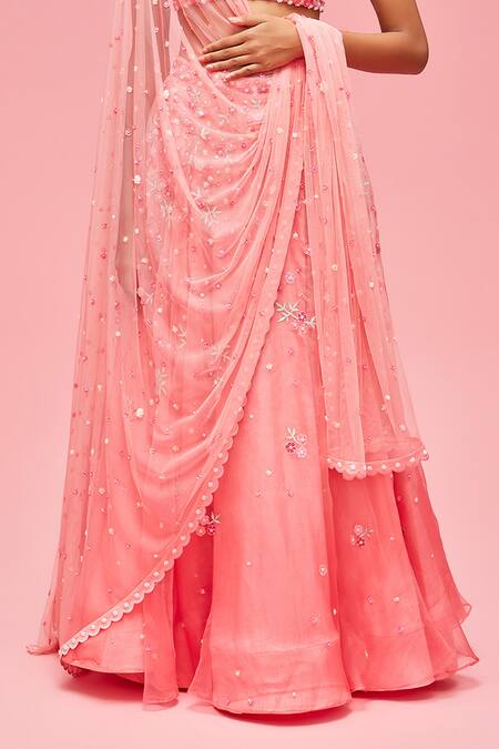 Nachiket Barve_Peach Tussar Silk, Dupatta Tulle, Lehenga And Blouse Organza, Embroidered Set _at_Aza_Fashions
