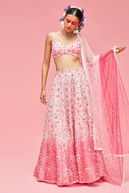 Buy_Nachiket Barve_Pink Tussar Silk, Dupatta Tulle, Lehenga And Blouse Organza, Embroidered Set _Online_at_Aza_Fashions