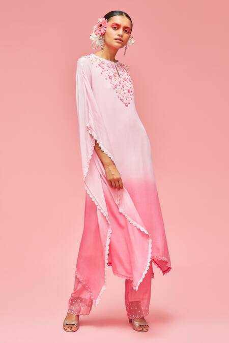 Nachiket Barve_Peach Organza, Kaftan Chiffon, Lining Shantoon, Palazzo Ombre Tunic And Set _Online_at_Aza_Fashions