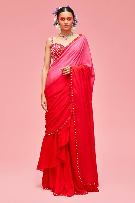 Nachiket Barve_Red Blouse Organza, Lining Shantoon, Saree Pre-draped With Sleeveless _Online_at_Aza_Fashions