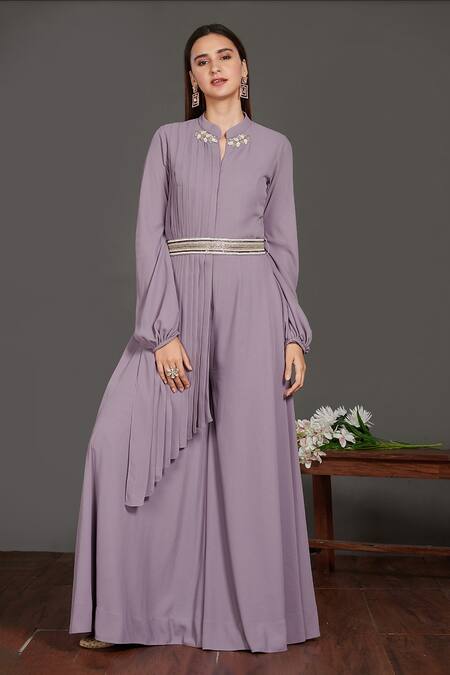 Onaya Purple Georgette Pintuck Embroidered Jumpsuit