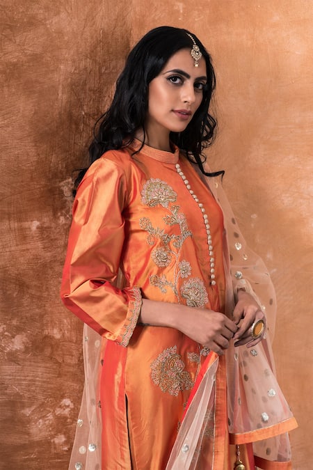 Kanika Sharma_Orange Silk, Net Surya Kurta Set _Online_at_Aza_Fashions