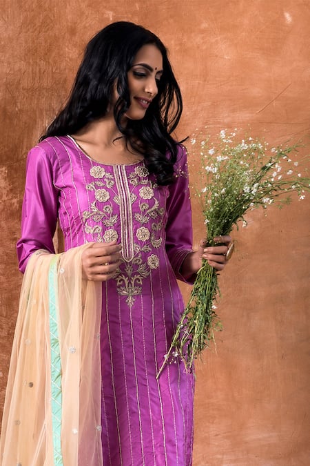 Kanika Sharma_Purple Silk, Net Kurta Set _Online_at_Aza_Fashions