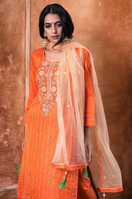 Kanika Sharma_Orange Silk, Net Narangi Kurta Set _at_Aza_Fashions