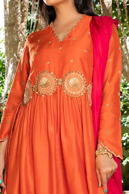 Label Niti Bothra Orange Dupion V Neck Embroidered Kurta With Palazzo Online at Aza Fashions Label Niti Bothra_Orange Dupion V Neck Embroidered Kurta With Palazzo _Online_at_Aza_Fashions