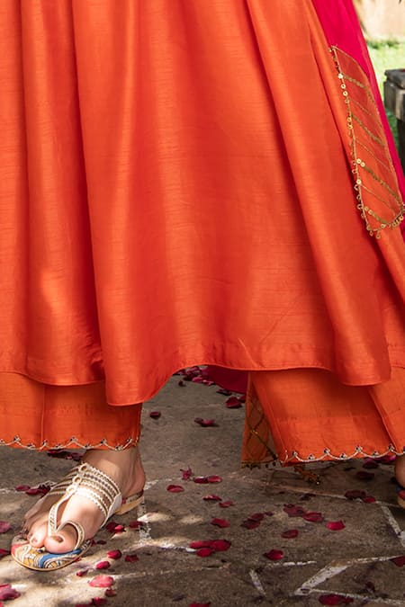 Buy Label Niti Bothra Orange Dupion V Neck Embroidered Kurta With Palazzo Online at Aza Fashions Buy_Label Niti Bothra_Orange Dupion V Neck Embroidered Kurta With Palazzo _Online_at_Aza_Fashions