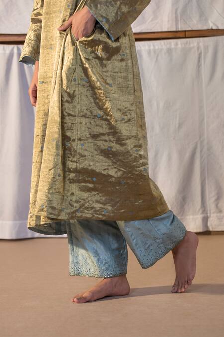 Buy_Anavila_Gold Jamdani Zari Kurta And Palazzo Set_Online_at_Aza_Fashions