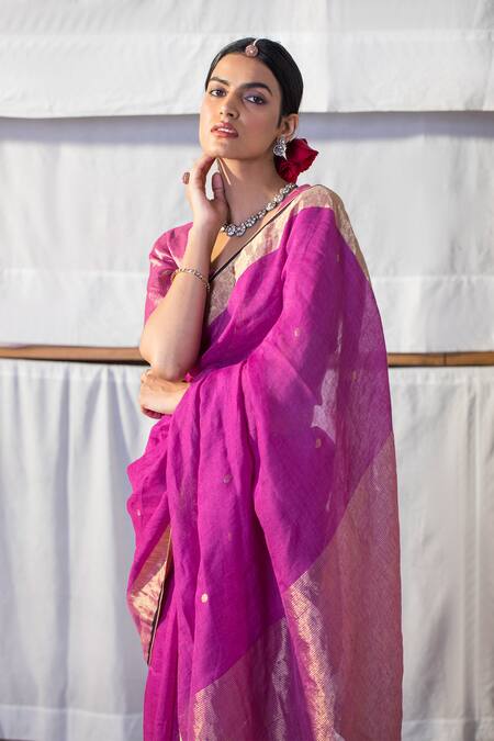 Anavila_Purple 100% Linen, Zari Saree_Online_at_Aza_Fashions