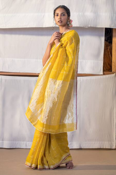 Shop_Anavila_Yellow Linen Checkered Saree_at_Aza_Fashions