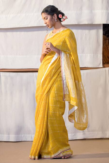 Anavila_Yellow Linen Checkered Saree_Online_at_Aza_Fashions