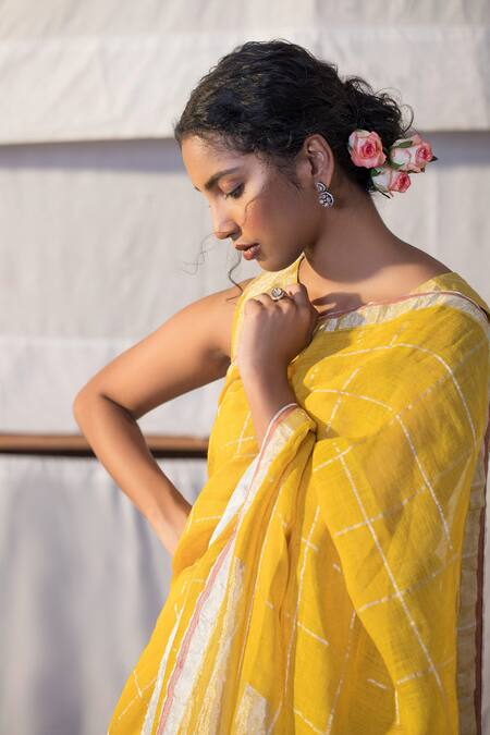 Shop_Anavila_Yellow Linen Checkered Saree_Online_at_Aza_Fashions