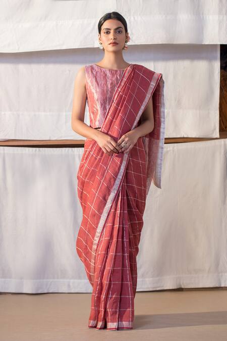Shop_Anavila_Linen Checkered Saree_at_Aza_Fashions