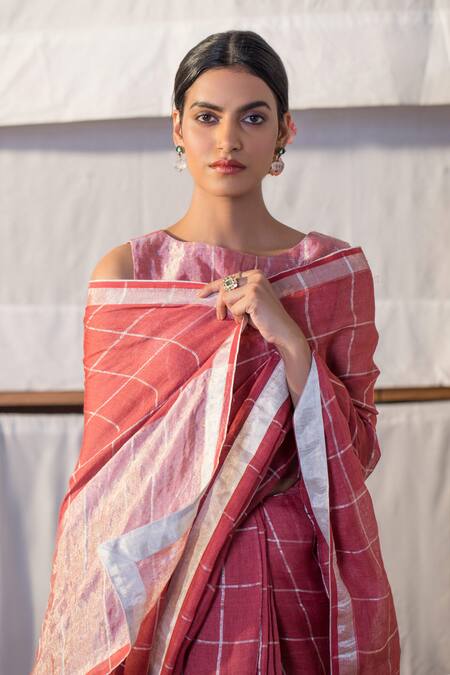 Anavila_Linen Checkered Saree_Online_at_Aza_Fashions