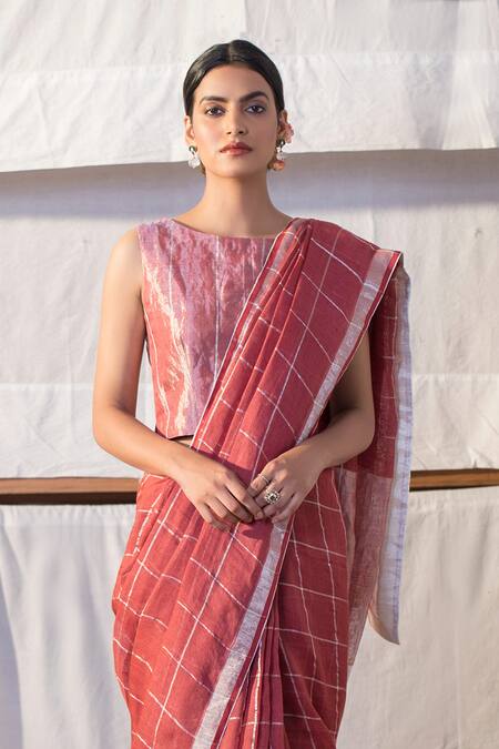 Buy_Anavila_Linen Checkered Saree_Online_at_Aza_Fashions