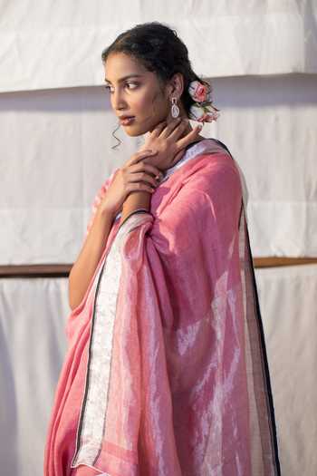 Anavila_Pink Linen Saree_Online_at_Aza_Fashions