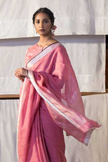 Buy_Anavila_Pink Linen Saree_Online_at_Aza_Fashions