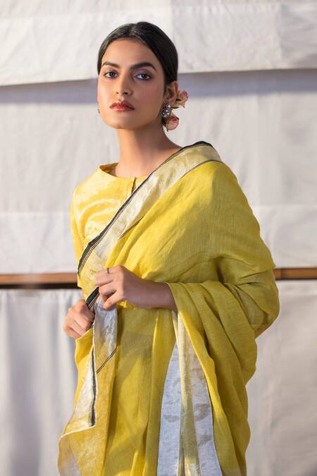Shop_Anavila_Yellow Linen Saree_at_Aza_Fashions