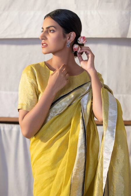 Anavila_Yellow Linen Saree_Online_at_Aza_Fashions